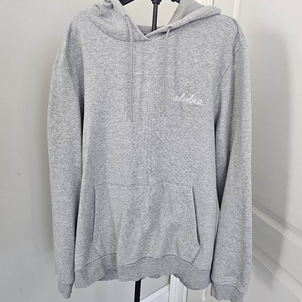 Adidas Hoodie Pullover Sweatshirt In Light Heathered Grey Embroidered Logo MED